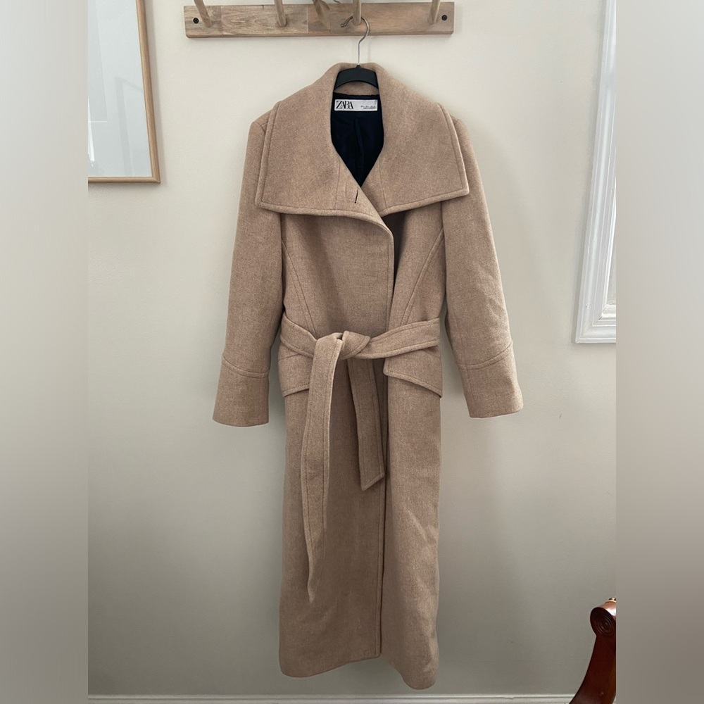 COPY - Zara Camel Wide Collar Long Belted Coat - Size Large